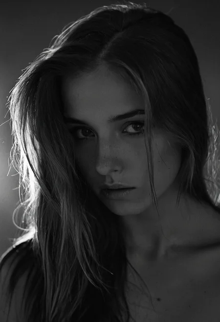 Black and white photo in the style of Alessio Albi, 20 year old beautiful stunning woman, dark blond hair falling down over her shoulders, highlights in her hair, closeup, cinematic composition, cinematic lighting  intense shadow play, bleak, post-apocalyptic, somber, dramatic, highly detailed, bokeh