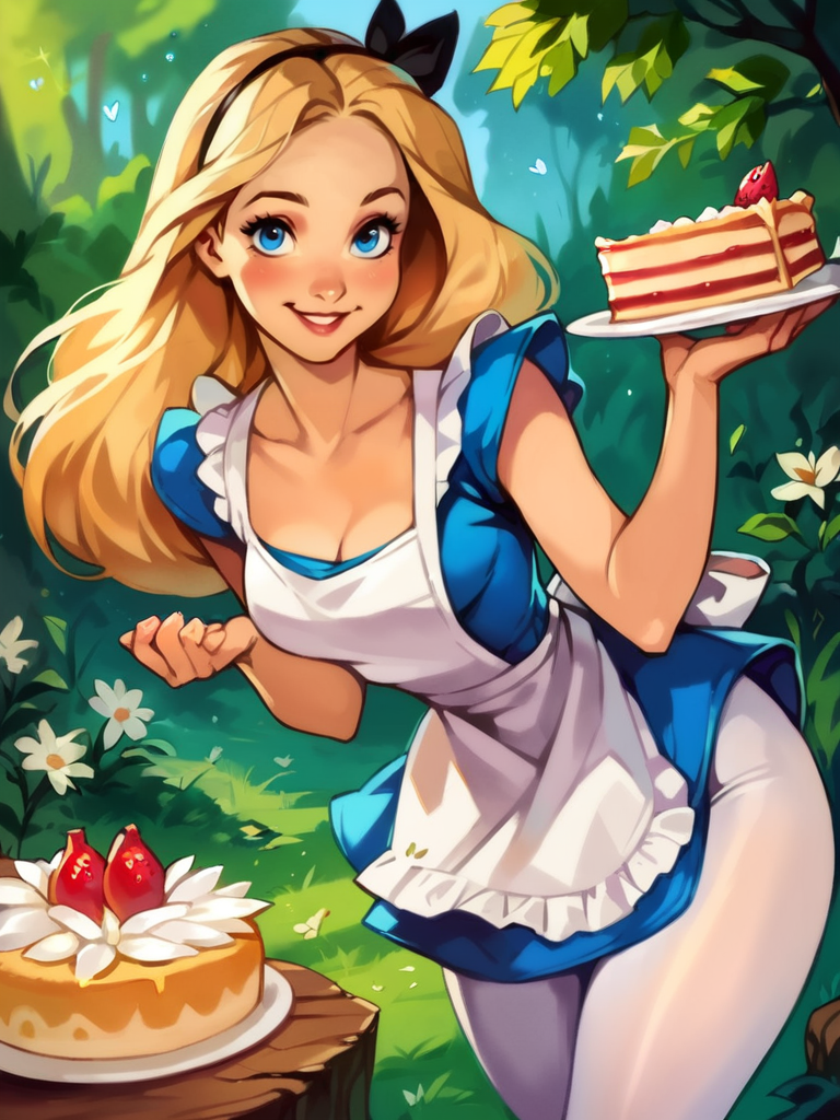 core_9, score_8_up, score_7_up, score_6_up, AliceWaifu walking in a forest around multiple flowers, magic particles, leaning forward, cute pose, medium breasts, narrow waist, wide hips, thick thighs, cinematic, naughty face, smile,  blue eyes, blue dress, white pantyhose, apron, black hairband, blonde, disney style, looking at viewer, realistic, cute, holding a cake,
detailed landscape, cowboy shot,
 <lora:AliceInWonderlandXLPony_character-10V2:0.7>  <lora:[GP] Optionaltypo style [Pony XL]:0.7>