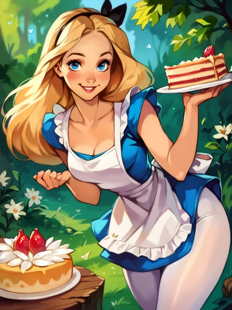 core_9, score_8_up, score_7_up, score_6_up, AliceWaifu walking in a forest around multiple flowers, magic particles, leaning forward, cute pose, medium breasts, narrow waist, wide hips, thick thighs, cinematic, naughty face, smile,  blue eyes, blue dress, white pantyhose, apron, black hairband, blonde, disney style, looking at viewer, realistic, cute, holding a cake,
detailed landscape, cowboy shot,
 <lora:AliceInWonderlandXLPony_character-10V2:0.7>  <lora:[GP] Optionaltypo style [Pony XL]:0.7>