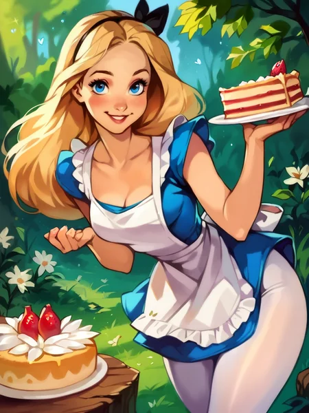 core_9, score_8_up, score_7_up, score_6_up, AliceWaifu walking in a forest around multiple flowers, magic particles, leaning forward, cute pose, medium breasts, narrow waist, wide hips, thick thighs, cinematic, naughty face, smile,  blue eyes, blue dress, white pantyhose, apron, black hairband, blonde, disney style, looking at viewer, realistic, cute, holding a cake,
detailed landscape, cowboy shot,
 <lora:AliceInWonderlandXLPony_character-10V2:0.7>  <lora:[GP] Optionaltypo style [Pony XL]:0.7>
