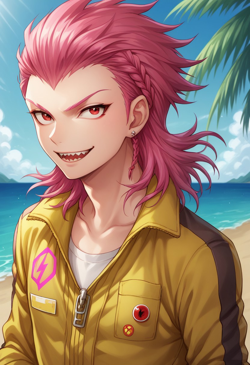score_9, score_8_up, score_7_up, source_anime, highly detailed, 
kazuichi, 1boy, jumpsuit, male focus, teeth, solo, pink hair, sharp teeth, braid, red eyes, smile,
side braid, medium hair, collarbone, open mouth, bangs, belt, looking at viewer,
upper body, shirt, earrings,
outdoor, palm tree, ocean, day