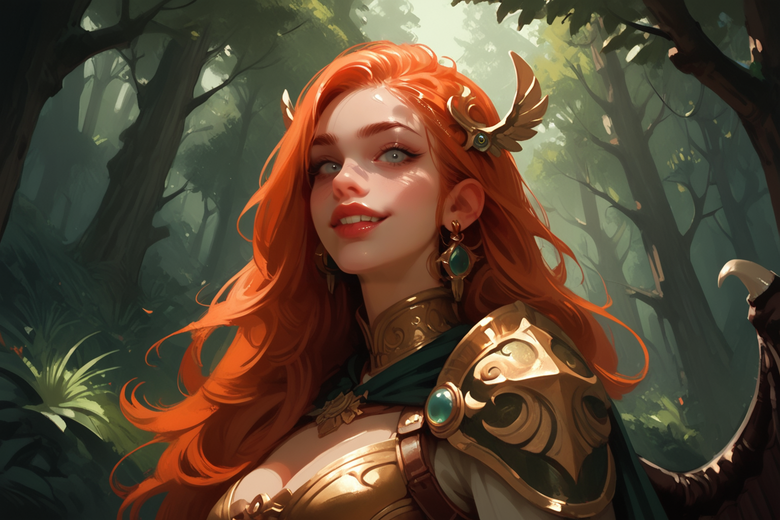 1girl, jewelry, solo, earrings, armor, wings, looking at viewer, forest, long hair, upper body, breastplate, nature, hair ornament, parted lips, orange hair, shoulder armor, cape, breasts, smile, outdoors, teeth, grey eyes, lips, tree, zPDXL3, detailxl,  Score_PnyReal, (lineless:1.5)