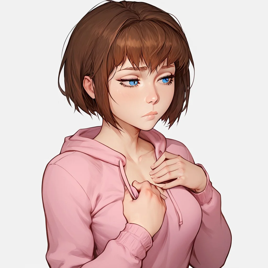 score_9, score_8_up, score_7_up, score_6_up, score_5_up, score_4_up, Expressiveh, 1 girl, solo, Stephanie, blue eyes, brown hair, short hair, petite, short, smooth skin, flat lighting, intricate details, rating_adult, Expressiveh, WJS07style. pink hoodie, looking at chest, sad, holding chest