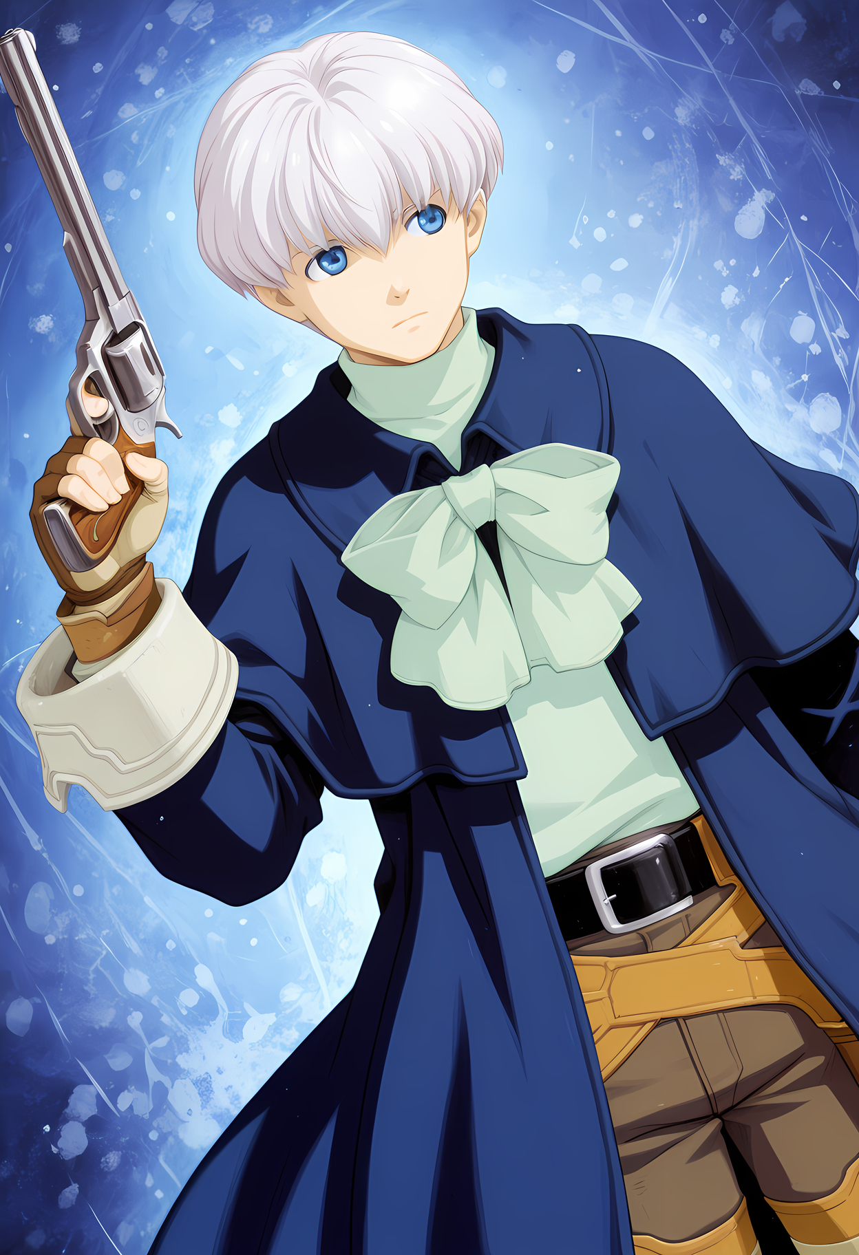 masterpiece, best quality, amazing quality, dutch angle, abstract backgroung, BREAK
solo, male, 1boy, xen_billy, white hair, short hair, blue eyes, blue coat, green bow, gun, holding gun, revolver, handgun, BREAK
 <lora:cfg_scale_boost:.6>   <lora:Billy_Lee_Black_-_Xenogears_-_ILXL:1>