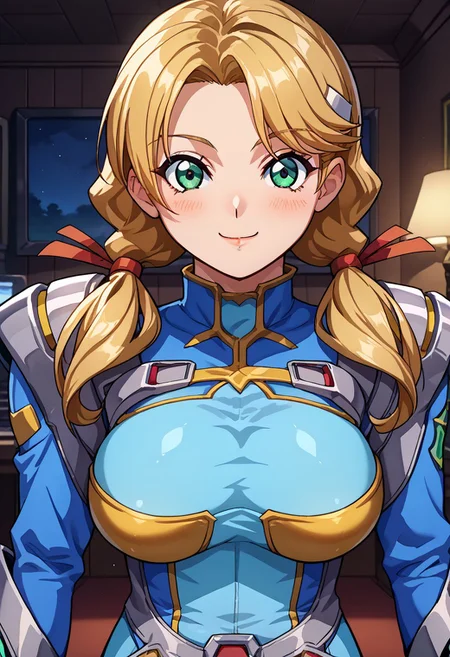 score_9, score_8_up, score_7_up, score_6_up, source_anime, 1girl, solo, oldrin, blonde hair, low twintails, green eyes, srwbluepilotsuit, blue bodysuit, pauldrons, wrist guards, metal belt, grey armor, helmet removed, no headwear, large breasts, looking at viewer, light blush, smile, upper body, night, indoors, modern, dark walls, monitor,