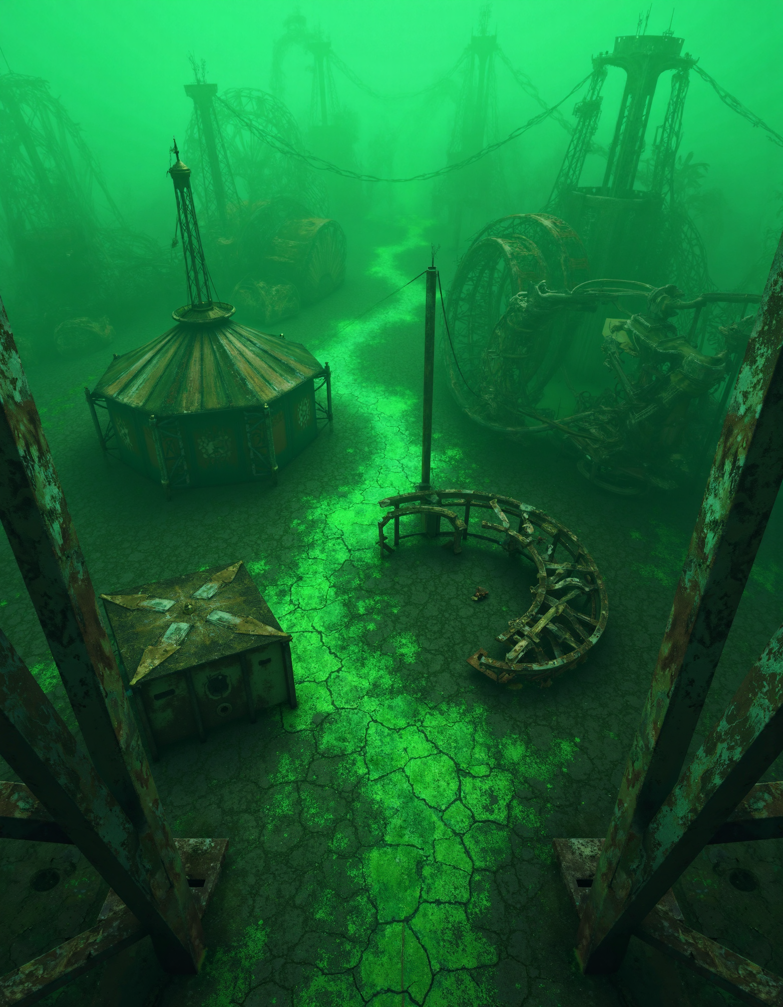 zavy-psnglw, Aerial view from above, a sprawling abandoned amusement park, rusted rides and cracked pathways bathed in a ghostly green glow, surreal and haunting atmosphere reminiscent of a dystopian future, vibrant yet eerie color palette with stark contrasts of neon greens and deep shadows.