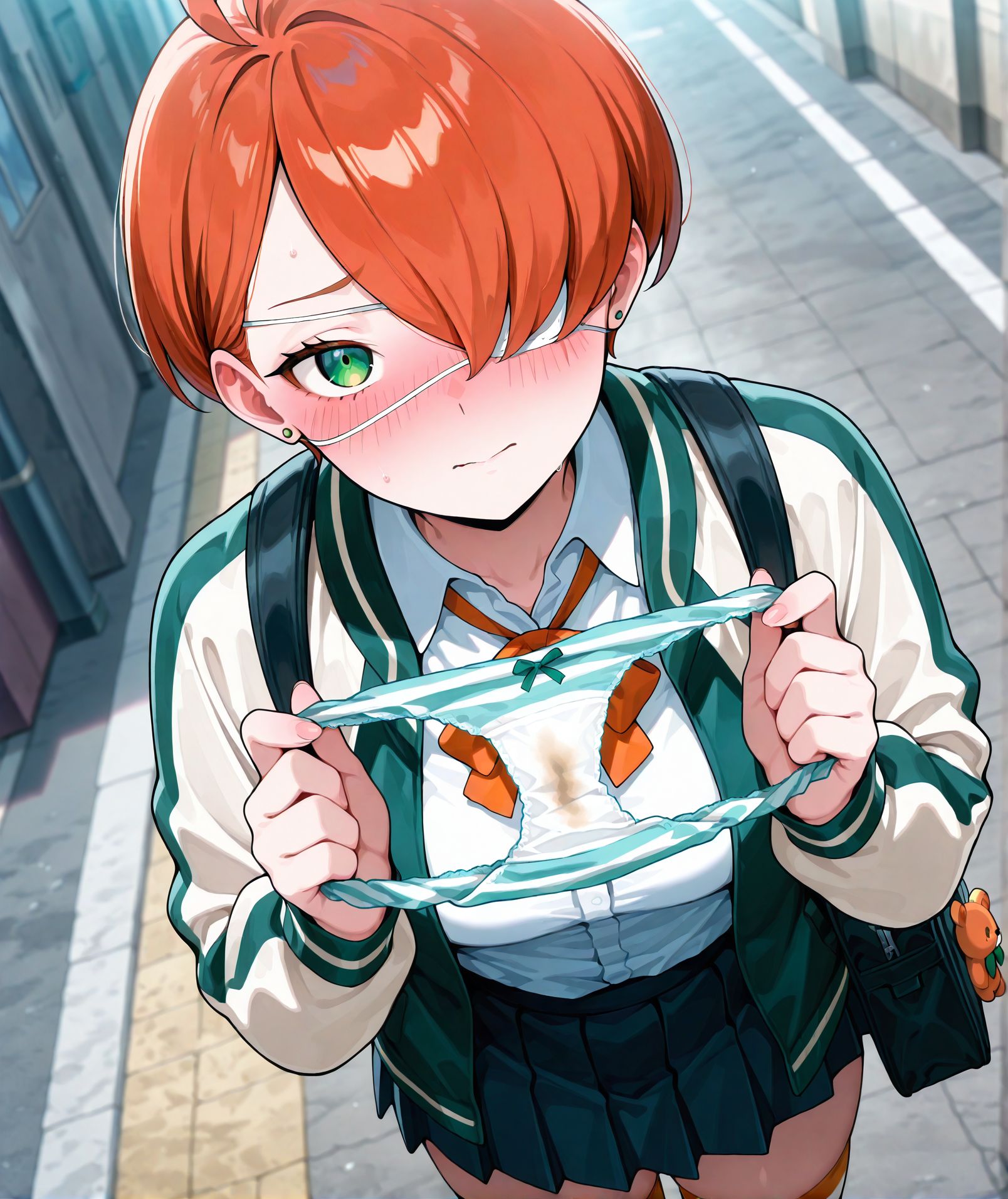 <lora:add-detail-xl:0.5>,,masterpiece, best quality, newest, absurdres, highres, detailed eyes, beautiful, detailed background, perfect eyes, anime coloring, anime screencap,
<lora:Holding_panties:0.7>Holding_pantiesV1,
1girl,panties,holding panties,blush,closed mouth, 
solo,holding,blush, looking at viewer, panties stains, 
holding panties with both hands,
<lora:Kuin Hachisuka illu:1> 1girl, short hair, orange hair, green eyes, white eyepatch, hair over one eye, school uniform, bag, pleated skirt, white shirt, jacket, jewelry,collared shirt, long sleeves, striped thighhighs,
20YO, milf,adult,