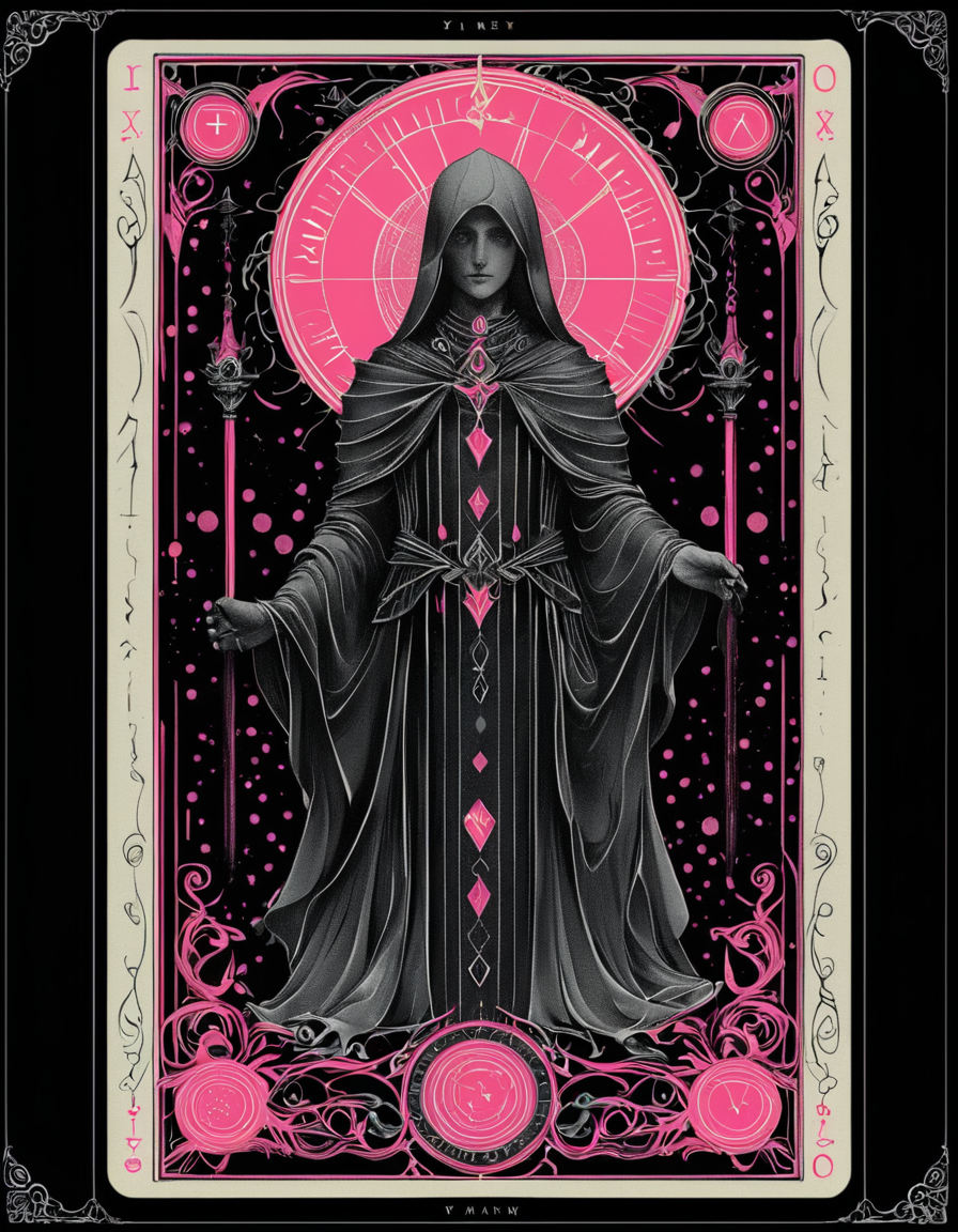 <lora:artfullyTAROT1LINE_SDXL_V1:1>,the front of an old card,tarot,tarot card,the magician,((1 line 1 color)),calligraphy,minimal,geometric,(2 colors total),lime,pink,black)) background,marker,((fine liner),masterpiece)),detailed,intricate,best quality,absurd resolution,tl4,sharp crisp ines,masterwork by artisan calligrapher,lines flow from one aspect to another,neon pink,nen liume,obsidian,ivory,vantablack,(((1 line ))) illustration,masterpiece,absurd resolution,vibrant colorstory,high contrast,holographic,