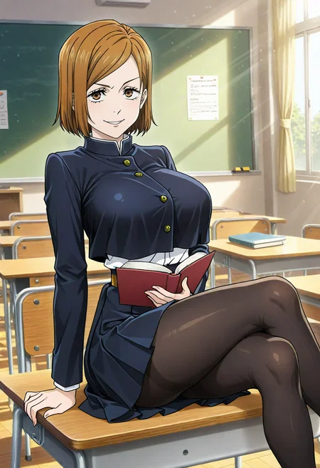 masterpiece, best quality, absurdres, highres, detailed background, <lora:hyperSD8:1>,
<lora:KUGISAKI_NOBARA:1> 1girl, solo, kugisaki nobara, brown hair, brown eyes, big breasts, black school uniform, black pantyhose, classroom ,sunlight, table, book, sitting, smile,crossed legs,