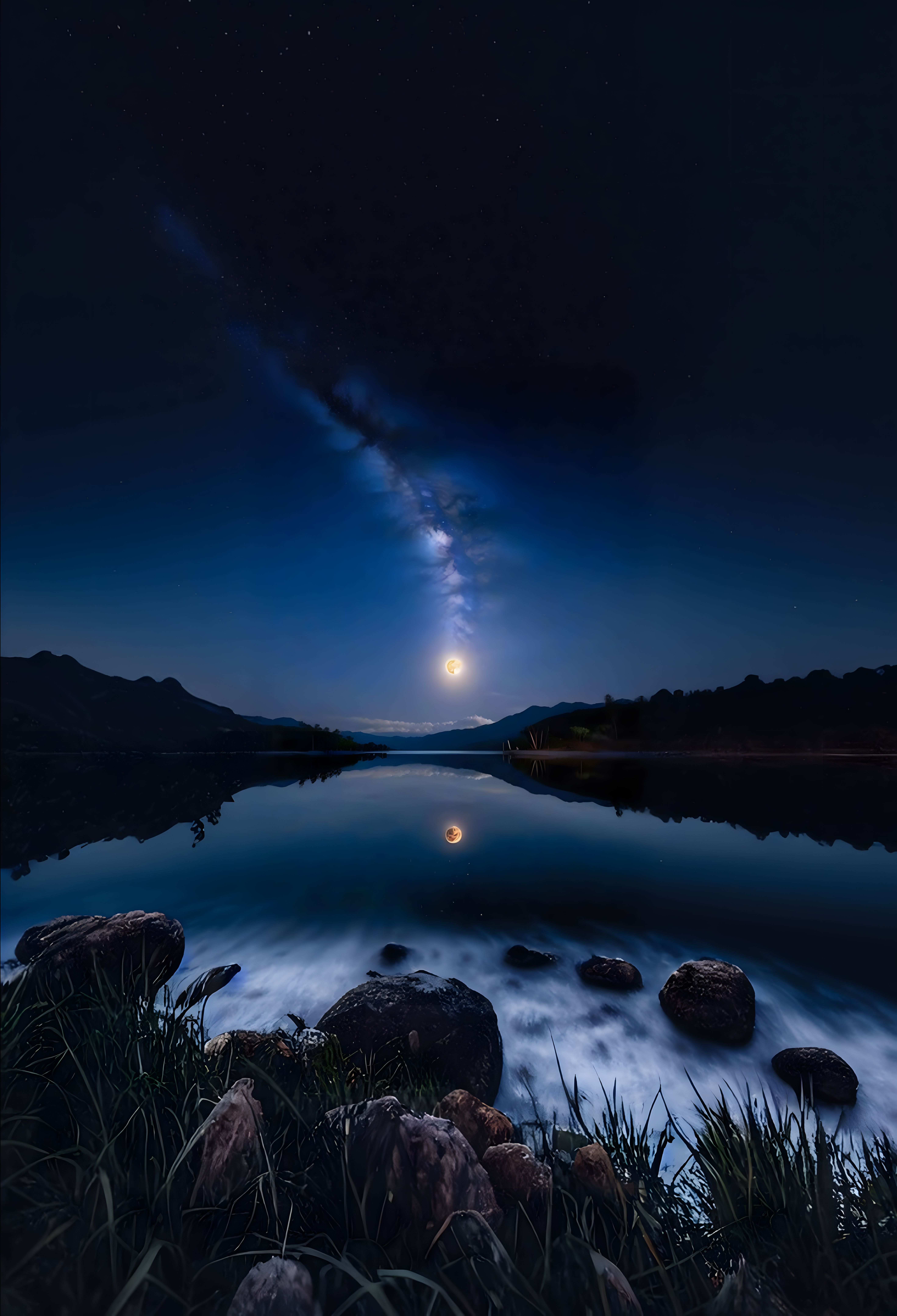 stars, moon, calm, palm trees, beach, reflections, water tides, 8k, highest resolution, masterpiece, night, fireflies, villa, lights, cloud, fantasy, fish, lake, landscape, high snowy mountain, no_humans, outdoors, river, scenery, sky, splashing, water, watercraft, (waterfall), ultra realistic, photorealistic, (reflection), (ray tracking), (unreal engine), (Japanese), top view, high elevation, (water reflection), (clear water), photorealistic, 8k, unreal engine, super great 3d render, 3d, 3d ray tracking, liquid, super high quality, (super close look at water), Milky Way, Night sky, Painstaking Attention To Details