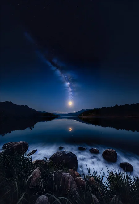 stars, moon, calm, palm trees, beach, reflections, water tides, 8k, highest resolution, masterpiece, night, fireflies, villa, lights, cloud, fantasy, fish, lake, landscape, high snowy mountain, no_humans, outdoors, river, scenery, sky, splashing, water, watercraft, (waterfall), ultra realistic, photorealistic, (reflection), (ray tracking), (unreal engine), (Japanese), top view, high elevation, (water reflection), (clear water), photorealistic, 8k, unreal engine, super great 3d render, 3d, 3d ray tracking, liquid, super high quality, (super close look at water), Milky Way, Night sky, Painstaking Attention To Details