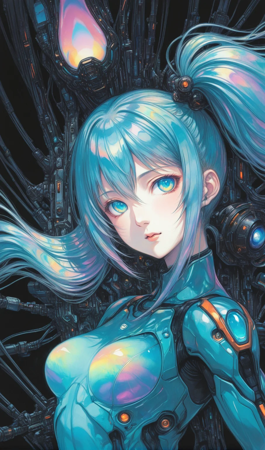 <lora:IOS_Iridescent_opal_style:0.6><lora:amano_yoshitaka_xl:1> art by yoshitaka amano, portrait, racing miku, [woman:robot joints:0.6], [armpits:mecha:0.5], [evangelion:cyberpunk edgerunners:0.5], [lens flare:opal:06], intricate detail, cinematic lighting, amazing quality, amazing shading, reflective transparent iridescent opaque plugsuit, long transparent iridescent RGB hair, absurdly long hair, twintails, Detailed Illustration, official artwork, wallpaper, official art, extremely detailed eyes and face, beautiful detailed eyes, On a space station, zero gravity, floating, ((masterpiece, best quality))