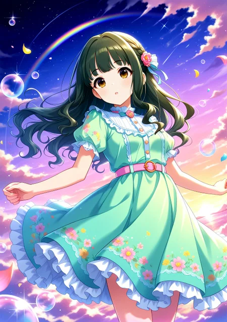 sfw, general,
<lora:Fujii_Tomo_1607655:0.6>, fujii tomo, brown eyes, dark green hair, long hair,
idolmaster, idolmaster cinderella girls, green dress, floral embroidery dress, pastel colors, colorful, star \(sky\), night sky,
<lora:soap-bubble-fantasy-04:0.7>, soap bubble background fantasy, rainbow bubbles, rainbow petals,
<lora:on_cloud_v1_illustrious_d:0.7>, on_cloud, cloud, <lora:brightness_slider:-1>,, BREAK
masterpiece, best quality, amazing quality, very aesthetic, absurdres, newest,
<lora:Eyes_High_Definition:0.6>, eyesHD, high gradient eyes, detailed eyes, high definition eyes,
<lora:LECO_Particles:1>,
BREAK, general, dutch angle, from front,, dynamic pose,