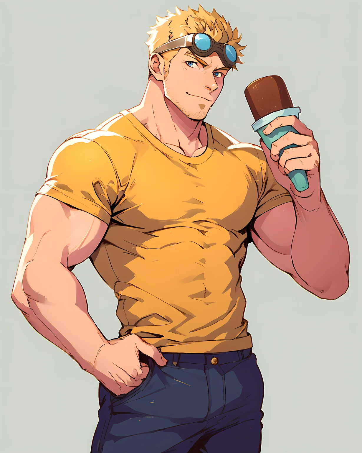damon_baird, goggles, t-shirt, jeans, (simple background), blonde hair, goggles on head, looking at viewer, belt, standing, muscular, cowboy shot, (holding ice cream cone, chocolate ice cream), blue eyes <lora:Damon_Baird_PonyXL-13_Test:0.9>, score_9, score_8_up, score_7_up,