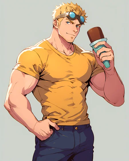 damon_baird, goggles, t-shirt, jeans, (simple background), blonde hair, goggles on head, looking at viewer, belt, standing, muscular, cowboy shot, (holding ice cream cone, chocolate ice cream), blue eyes <lora:Damon_Baird_PonyXL-13_Test:0.9>, score_9, score_8_up, score_7_up,