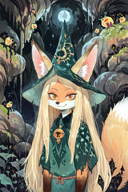 (anthro fox girl:1.4),(blonde hair:1.2),(solo:1.5),ameli,smile,aline
deep dark night cave,green witch outfit and hat,close-up, looking at viewer
<lora:Perfect Hands:1> <lora:age_slider_v4:-2> <lora:Ameli:0.85>, score_9, score_8_up, score_7_up, score_6_up, score_5_up, score_4_up,zPDXL