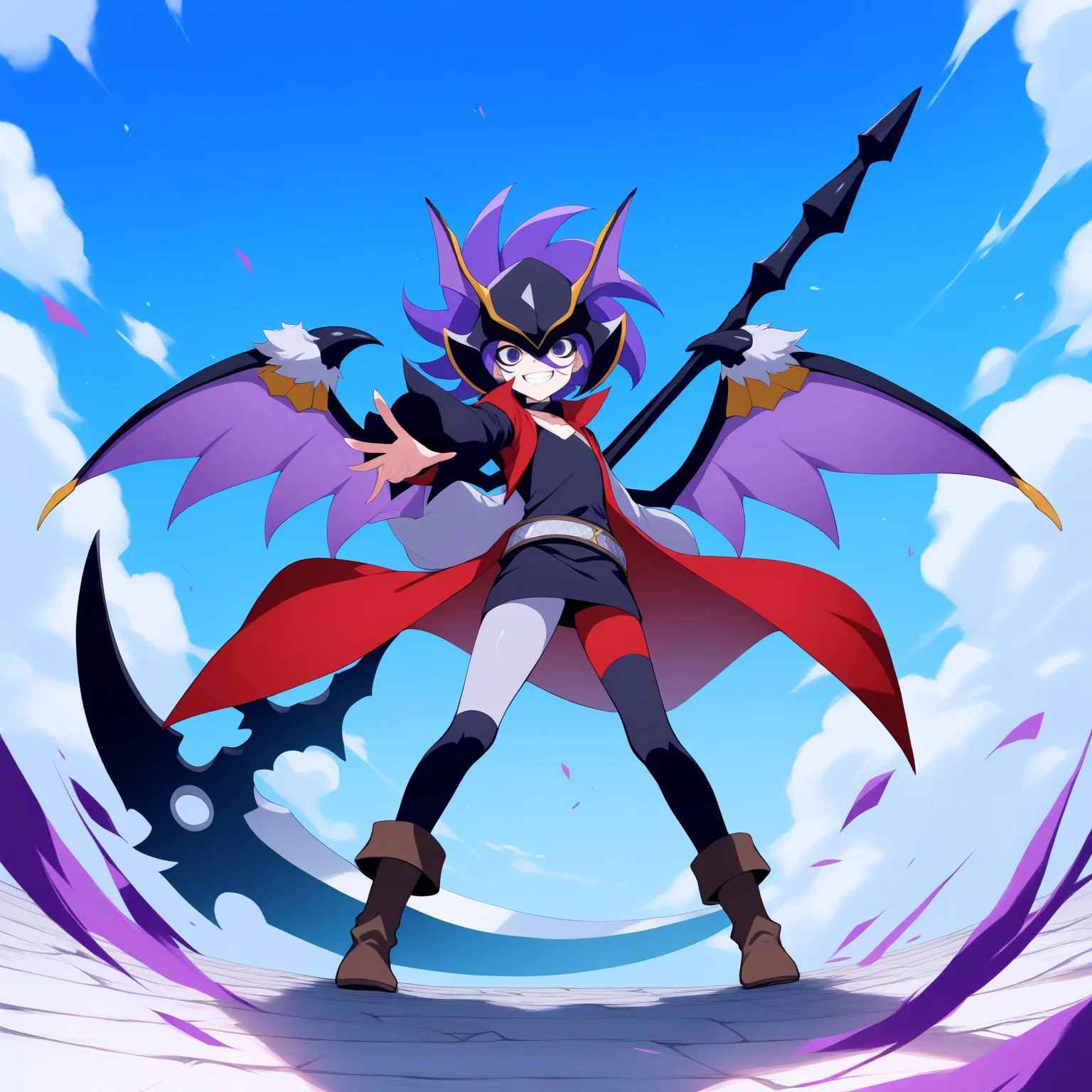 <lora:GaitoKurouzu_V1-1:1>,gaito kurouzu,holding weapon,wings,solo,1boy,male focus,mask,weapon,boots,coat,teeth,belt,asymmetrical legwear,smile,asymmetrical sleeves,mismatched legwear,dragon wings,purple wings,brown footwear,full body,standing,black shirt,pants,red coat,attack,outstretched arm,blue sky,holding scythe,black scythe,masterpiece,high score,great score,absurdres,