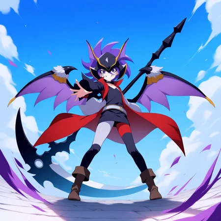 <lora:GaitoKurouzu_V1-1:1>,gaito kurouzu,holding weapon,wings,solo,1boy,male focus,mask,weapon,boots,coat,teeth,belt,asymmetrical legwear,smile,asymmetrical sleeves,mismatched legwear,dragon wings,purple wings,brown footwear,full body,standing,black shirt,pants,red coat,attack,outstretched arm,blue sky,holding scythe,black scythe,masterpiece,high score,great score,absurdres,