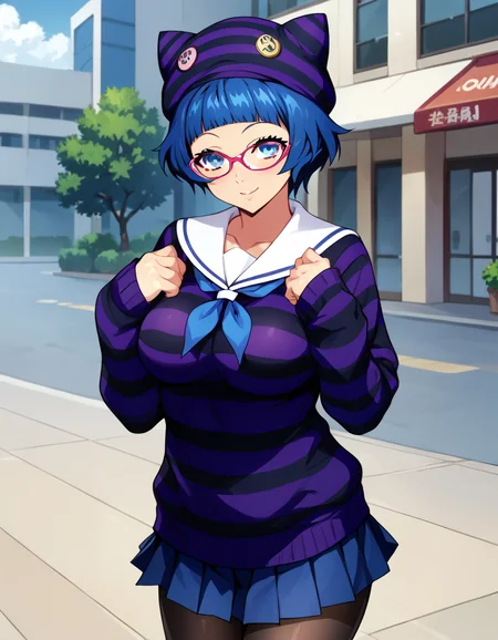 score_9, score_8_up, score_7_up, source_anime, anime screencap, anime coloring, uncensored, 1girl, solo, (cowboy shot:1.2), inui honoka, blue eyes, blue hair, short hair, blunt bangs, glasses, red-framed eyewear, large breasts, honokasweater, striped sweater, pleated skirt, black pantyhose, loafers, sailor collar, neckerchief, animal hat, button badge, outdoors, smile, looking at viewer, shiny body, shiny skin, skindentation, clear skin, shiny hair, ultra detailed eyes, depth of field, sharp, (intricate details, hyperdetailed:1.15) <lora:Inui Honoka_Super Robot Wars_Pony_v1.2:1>