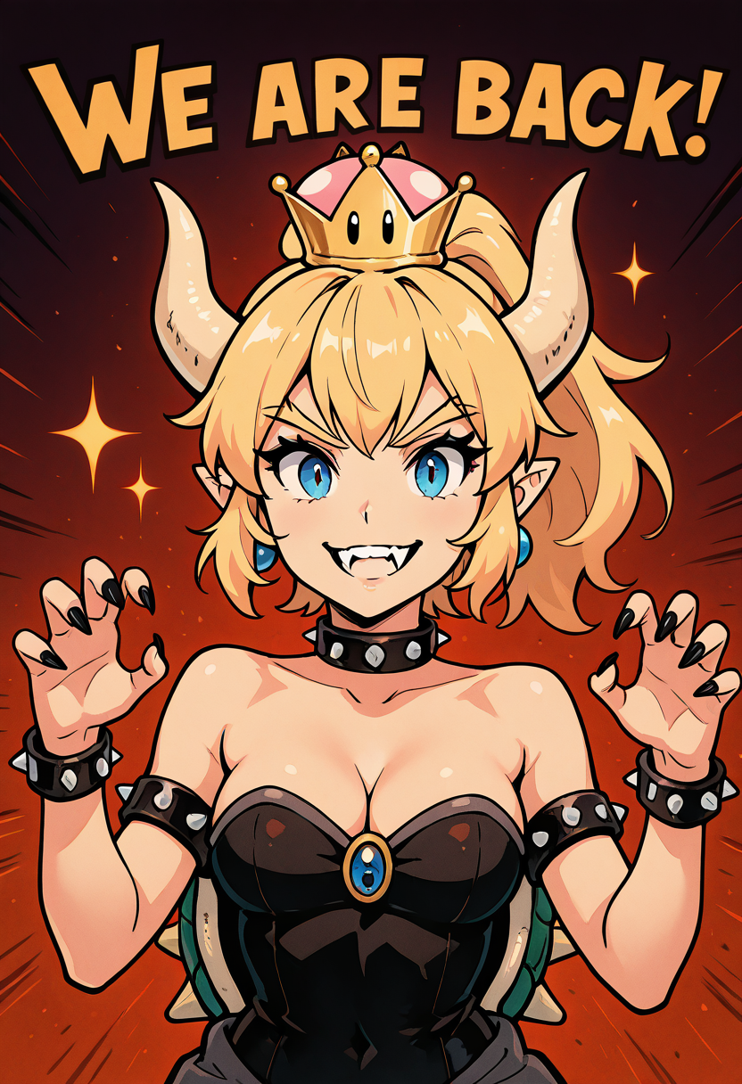 masterpiece, best quality, 1girl, solo, eyelashes, (beautiful eyes),    We4reSoB4ck, text, medium breasts, (curvy),   bowsette, blue eyes, blonde hair, ponytail, medium hair, sidelocks, pointy ears, horns, crown, smile, teeth, fangs,, dress, leotard, cleavage, black dress, black leotard, spikes, bracelet, collar, spiked collar, turtle shell, strapless leotard, strapless, spiked shell, spiked bracelet, claw pose, fingernails,  ,dynamic pose, foreshortening,  (upper body), smile, looking at viewer, gradient background,   ,<lora:We4reSoB4ck_IXL_v1:1.0>,