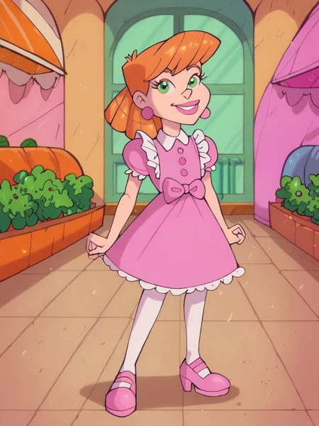 score_9, score_8_up, score_7_up, score_6_up, score_5_up,
kmbdoll, orange hair, orange ringlets, green eyes, pink lipstick, pink hair side bows, pink pearl earrings, white-collared pink white puff sleeve buttoned dress, white frills, white stockings, pink mary jane shoes
, 1girl, solo, facing viewer, small smile, full body
<lora:mrsmiles:1> mrsmiles <lora:kmBDOLL:0.9>