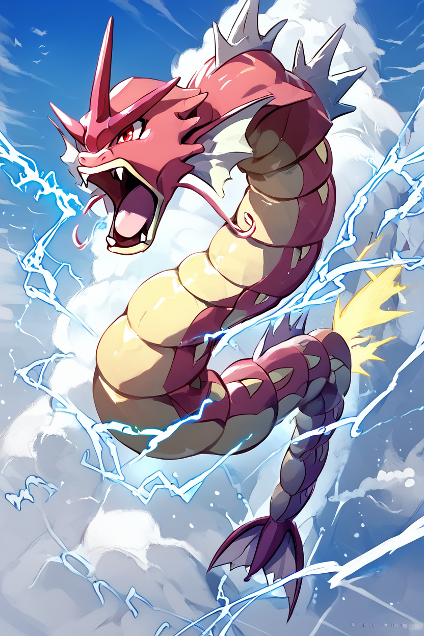 score_9, score_8_up, score_8,  ,,,  zzGyarados, open mouth, red eyes, outdoors, sky, teeth, day, tongue, cloud, fangs, electricity, (hyperbeam:1.2),   ,<lora:GyaradosPokedexPDXL_v3:1.0>,   ,,, ,,, embedding:zPDXL, Expressiveh, <lora:Expressive_H-000001:0.4>,  <lora:ProAnime_PDXL_v1:0.8>,