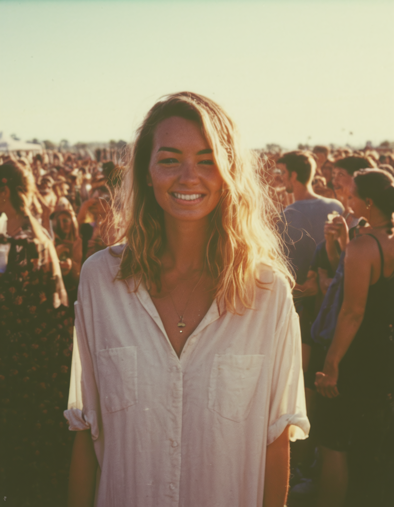polaroid film photography, faded film, soft focus, woman at a festival, 4k, uhd, masterpiece
