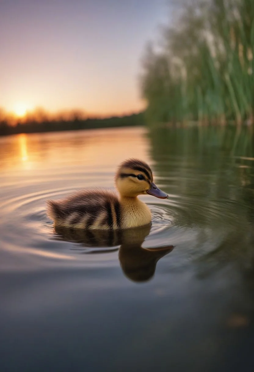 ultra-low angle shot from close to the ground, hdr photography, realistic, a duckling on a dreamy lake, spring sunset <lora:Creat0r_MagicDetailzV2_FIX:0.5>