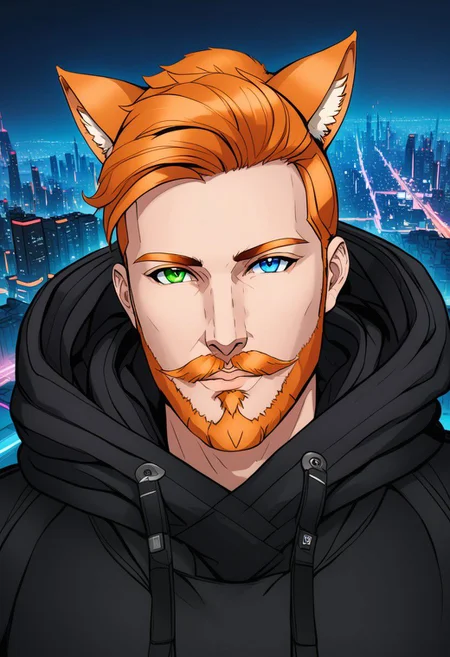 Duskfallcrew Art Style, solo, blue eyes, 1boy, animal ears, green eyes, male focus, cat ears, hood, orange hair, facial hair, heterochromia, beard, mustache, cityscape, , cyberpunk, soft lighting, best illustration, cinematic angle, cinematic lighting, masterpiece, official art,