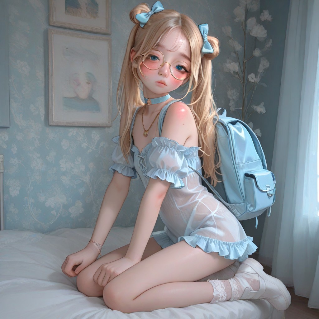 high detailed, high quality, masterpiece, best quality, very awa, absurdres, detailed eyes, detailed face, detailed skin, anime, cinematic light, colorful, portrait BREAK, 1girl, KPB-Illu, solo, cute, big round glasses, pretty, petite, blue eyes, blonde hair, hair over eye, choker, freckles, half closed eyes, blush, looking at viewer, bare shoulders, collarbone, frilled sleeves, necklace, lingerie, hair bow, long legs, from side, cute clothes, twintails, blonde hair, frills, backpack, looking at viewer,  (marcille_donato:0.7), possmach, artist:henreader, artist:ciloranko, (artist:sho \\(sho lwlw\\):0.75), (tianliang duohe fangdongye:0.7),full body view