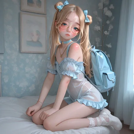 high detailed, high quality, masterpiece, best quality, very awa, absurdres, detailed eyes, detailed face, detailed skin, anime, cinematic light, colorful, portrait BREAK, 1girl, KPB-Illu, solo, cute, big round glasses, pretty, petite, blue eyes, blonde hair, hair over eye, choker, freckles, half closed eyes, blush, looking at viewer, bare shoulders, collarbone, frilled sleeves, necklace, lingerie, hair bow, long legs, from side, cute clothes, twintails, blonde hair, frills, backpack, looking at viewer, (marcille_donato:0.7), possmach, artist:henreader, artist:ciloranko, (artist:sho \\(sho lwlw\\):0.75), (tianliang duohe fangdongye:0.7),full body view