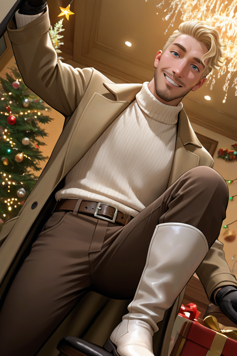best quality, amazing quality, very aesthetic, absurdres, newest, dynamic angle, intricately detailed illustration, depth of field, masterpiece, volumetric lighting, expressive, dynamic action, masterpiece, perfect, clean detail, clean lines, smooth shading, 
BREAK, winter womaderland, smiling, looking at viewer, casual pose, christmas lights,
BREAK, 1boy, male focus, solo,coralscott,blonde hair,short hair,blue eyes,facial hair, brown longcoat, turtleneck sweater, brown pants, gloves, belt, white boots,