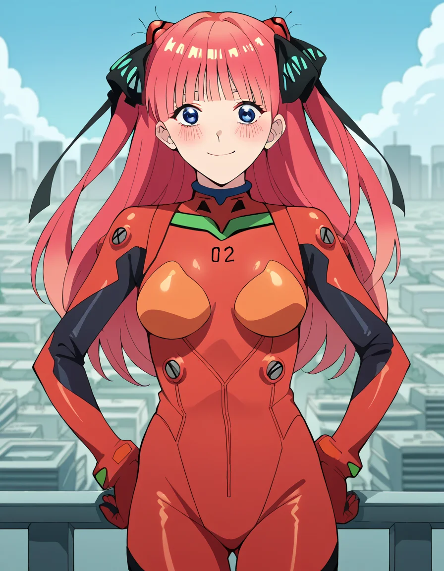 score_9, score_8_up, score_7_up, source_anime, <lora:nnakano-s2-ponyxl-lora-nochekaiser:1>, long hair, bangs, blue eyes, hair ornament, hair ribbon, pink hair, blunt bangs, two side up, butterfly hair ornament, mature female,, <lora:souryuu-asuka-langley-cosplay-ponyxl-lora-nochekaiser:1>, souryuuasukalangleycosplay, souryuu asuka langley \(cosplay\), bodysuit, pilot suit, plugsuit, red bodysuit, interface headset,, cityscape, smile, blush, hands on hips,, cowboy shot, dutch angle,