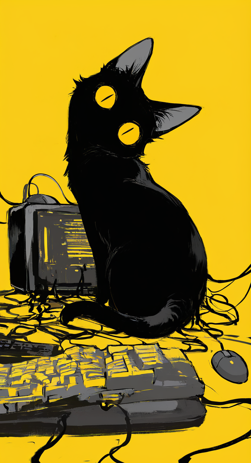 masterpiece, best quality, good quality, very awa, very aesthetic, absurdres, newest, solo, jitome, big eyes, looking at viewer, simple background, sitting, full body, yellow eyes, monochrome, looking back, no humans, animal, cat, yellow background, colored sclera, computer mouse, computer keyboard, Cables, animal focus, black cat, no mouth, yellow sclera, yellow theme,Head tilt, Background Segmentation,Dutch Angle <lora:ponyv6_noobV1_2_adamW-000017:0.7> <lora:USNR_STYLE_XL_lokr:0.45> <lora:mengxuanliart:0.65>