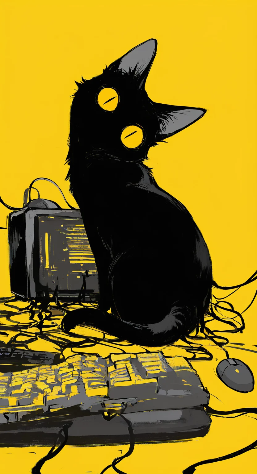 masterpiece, best quality, good quality, very awa, very aesthetic, absurdres, newest, solo, jitome, big eyes, looking at viewer, simple background, sitting, full body, yellow eyes, monochrome, looking back, no humans, animal, cat, yellow background, colored sclera, computer mouse, computer keyboard, Cables, animal focus, black cat, no mouth, yellow sclera, yellow theme,Head tilt, Background Segmentation,Dutch Angle <lora:ponyv6_noobV1_2_adamW-000017:0.7> <lora:USNR_STYLE_XL_lokr:0.45> <lora:mengxuanliart:0.65>