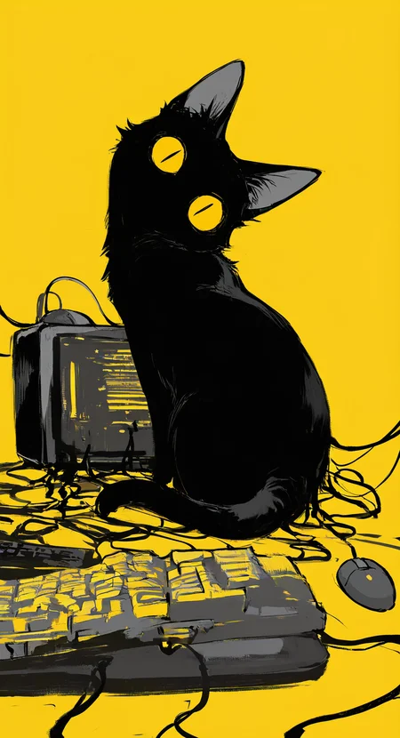 masterpiece, best quality, good quality, very awa, very aesthetic, absurdres, newest, solo, jitome, big eyes, looking at viewer, simple background, sitting, full body, yellow eyes, monochrome, looking back, no humans, animal, cat, yellow background, colored sclera, computer mouse, computer keyboard, Cables, animal focus, black cat, no mouth, yellow sclera, yellow theme,Head tilt, Background Segmentation,Dutch Angle <lora:ponyv6_noobV1_2_adamW-000017:0.7> <lora:USNR_STYLE_XL_lokr:0.45> <lora:mengxuanliart:0.65>