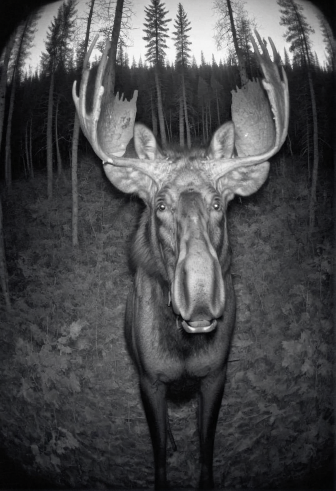 moose looks at the viewer,  camera trap, monochrome   <lora:Camera_trap:1>