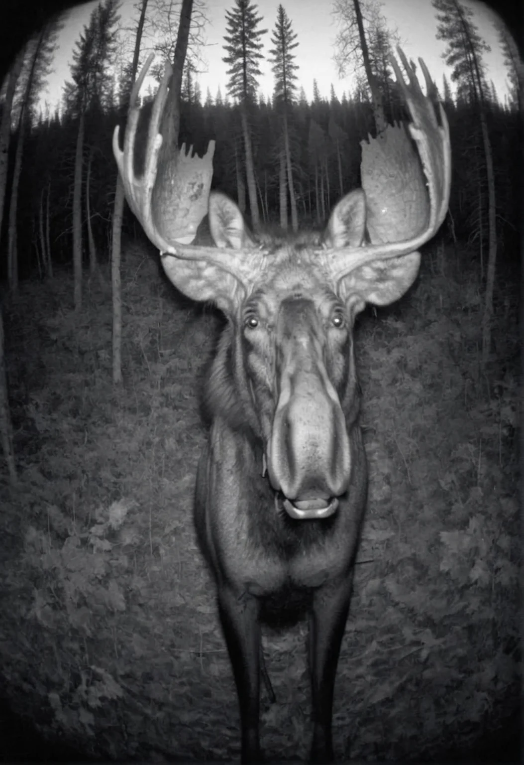 moose looks at the viewer,  camera trap, monochrome   <lora:Camera_trap:1>