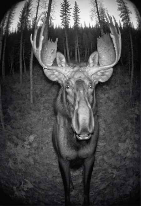 moose looks at the viewer,  camera trap, monochrome   <lora:Camera_trap:1>