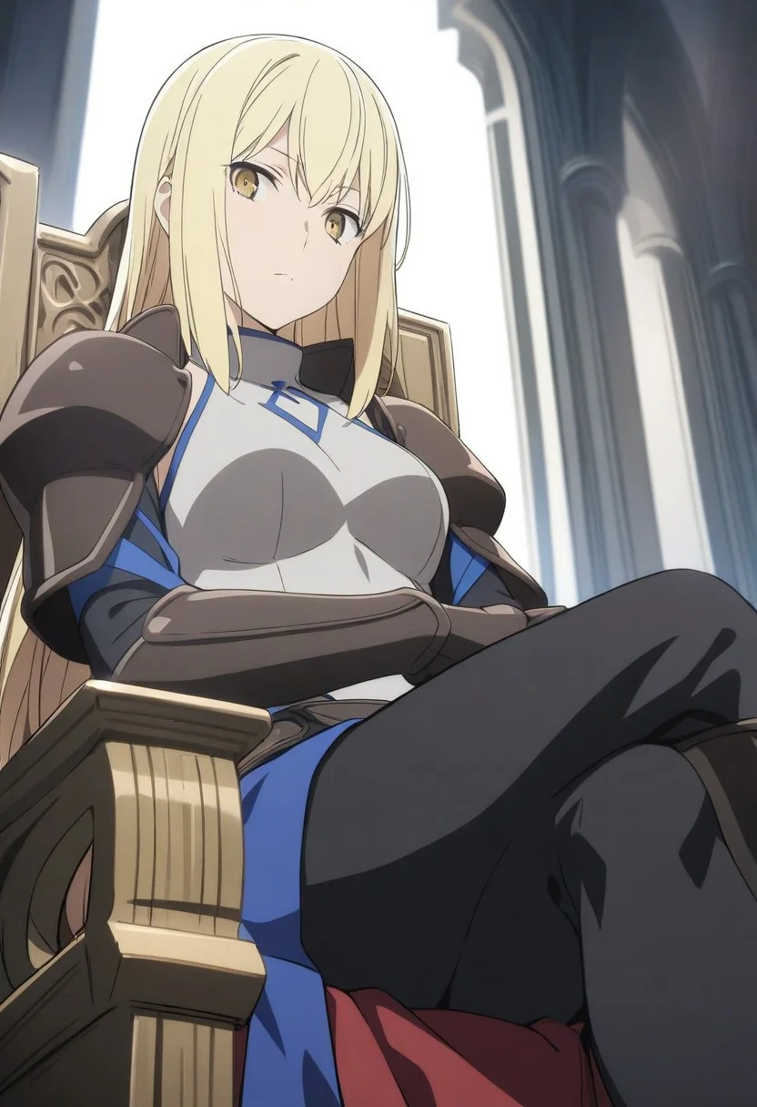 1girl, a1s, blonde hair, yellow eyes, collarbone, long hair, closed mouth, expressionless, upper lip line, leather armour, sitting, crossed legs, throne, looking down, from bottom, looking at viewer, outdoors, masterpiece, best quality, very aesthetic, absurdres,