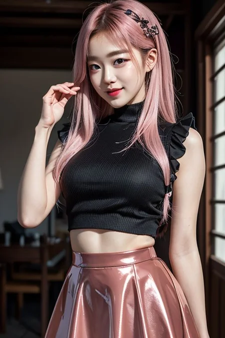 Ros (singer), Roseanne Park (born 11 February 1997), known mononymously as Ros (Korean: \), is a Korean-New Zealand singer and dancer, (RAW photo, best quality), (realistic, photo-realistic:1.3), best quality ,masterpiece, an extremely delicate and beautiful, extremely detailed ,CG ,unity ,2k wallpaper, Amazing, finely detail, masterpiece, light smile, best quality, extremely detailed CG unity 8k wallpaper, huge filesize , ultra-detailed, highres, extremely detailed, 1girl, (half body), hair ornament, looking at looking at viewer, light pink hair, random hairstyles, random color latex costume, short skirt,