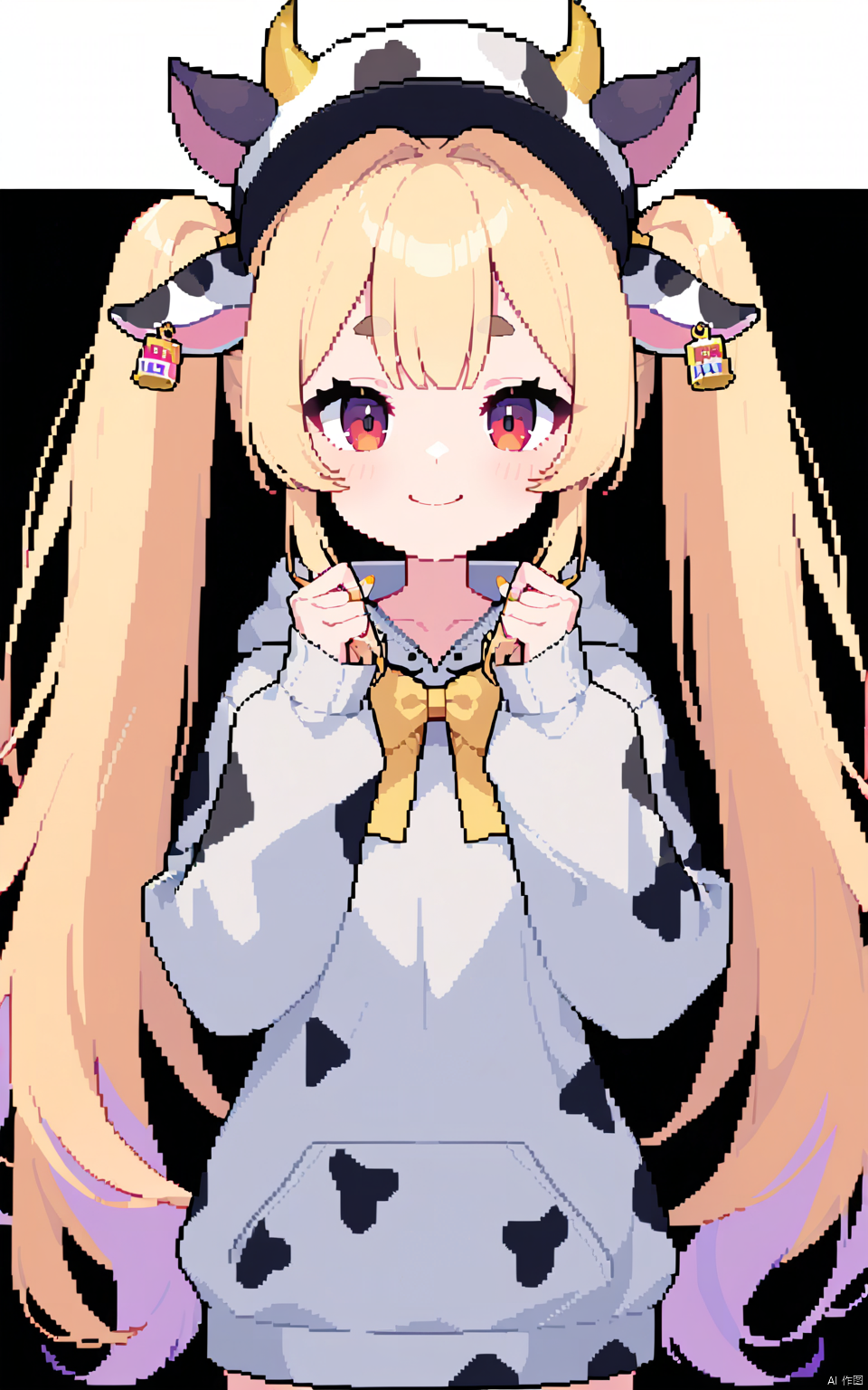 1girl, best quality, wand, grey hoodie, holding hair, virtual youtuber, horns, hands up, yellow bow, looking at viewer, yellow nails, hooded capelet, pixel art, fingernails, straight-on, fake horns, very long hair, orange nails, cow horns, black capelet, closed mouth, smile, hair intakes, hood, heart, pink nails, sleeves past wrists, short eyebrows, character name, long fingernails, long sleeves, hoodie, animal print, nail polish, hat, blue nails, thick eyebrows, black headwear, long hair, purple hair, blonde hair, print headwear, top hat, twintails, cow print, capelet, red eyes, transparent background, holding wand, solo, chin strap, eyes visible through hair, hood down, multicolored nails, ponytail, holding, dot nose, bow, hair tie,

masterpiece, newest, absurdres, safe