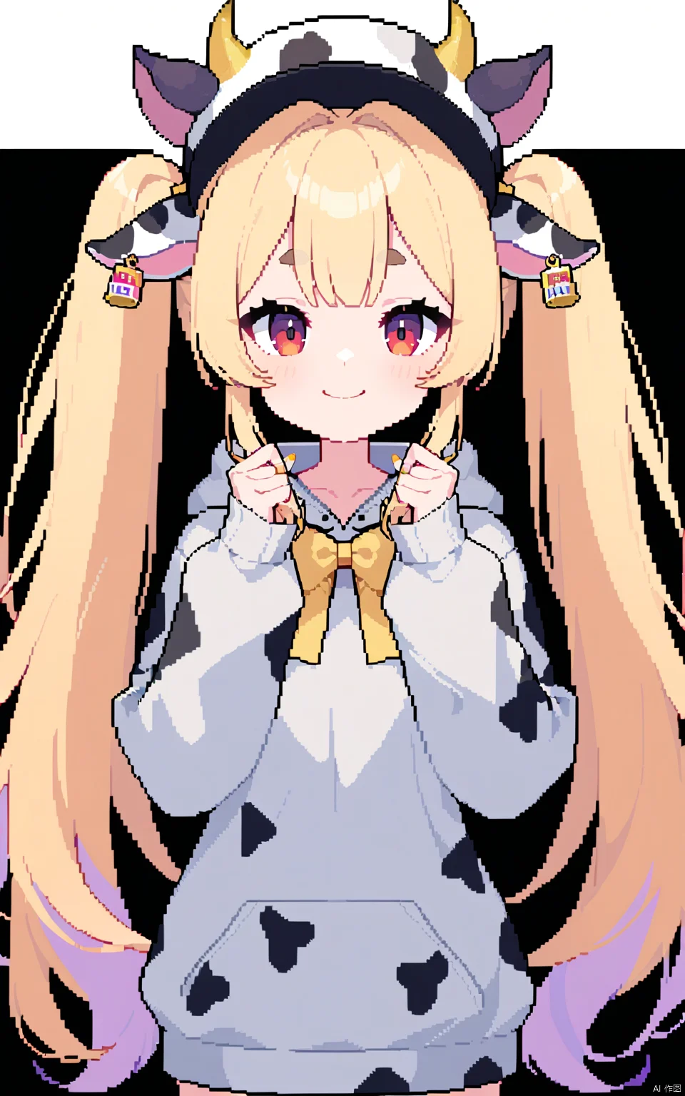 1girl, best quality, wand, grey hoodie, holding hair, virtual youtuber, horns, hands up, yellow bow, looking at viewer, yellow nails, hooded capelet, pixel art, fingernails, straight-on, fake horns, very long hair, orange nails, cow horns, black capelet, closed mouth, smile, hair intakes, hood, heart, pink nails, sleeves past wrists, short eyebrows, character name, long fingernails, long sleeves, hoodie, animal print, nail polish, hat, blue nails, thick eyebrows, black headwear, long hair, purple hair, blonde hair, print headwear, top hat, twintails, cow print, capelet, red eyes, transparent background, holding wand, solo, chin strap, eyes visible through hair, hood down, multicolored nails, ponytail, holding, dot nose, bow, hair tie,
masterpiece, newest, absurdres, safe