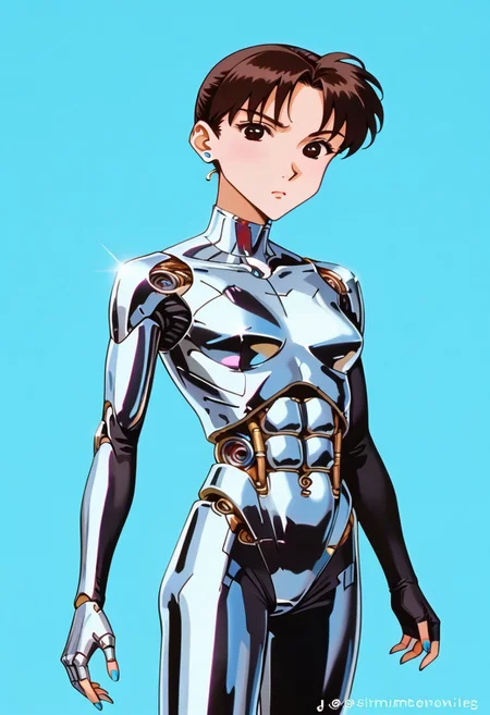 1girl, solo, adult, Asian woman, matured, slender athletic physique, futuristic high-tech environment, confidence, determination, high cheekbones, sharp jawline, sleek ponytail, metallic bodysuit, chromecore.. silver, blue, dark skin tone, striking presence, dynamic pose, acrobatic, one arm forward, one arm back, long manicured nails, glossy blue nails, surreal environment, skeletal jagged metallic structures, chrome-like finish, organic forms, dramatic highlights, futuristic atmosphere, deep blue to light blue background, depth, movement, high-tech organic elements, vibrant colors, sharp contrasts, avant-garde style, intense atmosphere, simple background, dark and blue background, colorful, metal skin, expressionless, serious, chromecore.., bright, dark vibes, dark fantasy, armor, monochrome, colored skin, gradient, Mari-friend-rika, HD, 8K quality, ultra-detailed, masterpiece artwork, flawless anatomy.