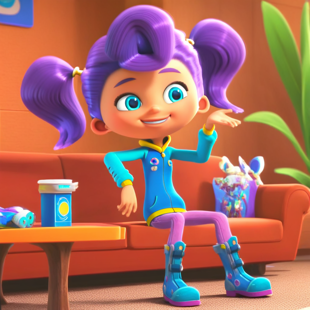 score_9, solo, callie_rc, 1girl, purple hair, twintails, blue eyes, jacket, pants, boots, sitting, sofa, smile