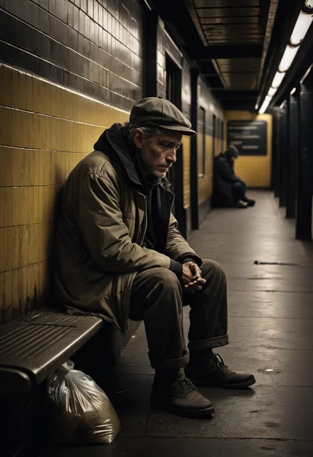 high quality photo of a dirty disgusting subway station, dark, bad lighting, extremely detailed, high quality, cinematic <lora:zavy-cntrst-sdxl:0.5> dark, chiaroscuro, low-key, dank and dirty. grimy, homeless man sitting against the wall