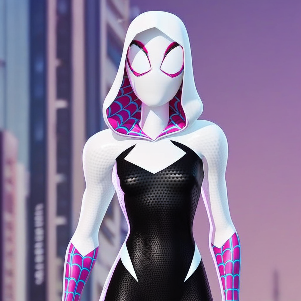 score_7_up, BREAK, spidergwen, 1girl, solo, mask, bodysuit, hooded bodysuit, superhero, cowboy shot, depth of field,