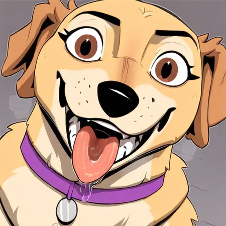 Lola(P.B.), Solo, 1girl, feral, dog, Labrador retriever, yellow fur, brown eyes, black nose, dog tail, dog ears, purple collar, looking at viewer, face focus, smile, mouth wide open, grin, mawshot, open mouth, imminent vore, oral invitation, saliva, tongue, dutch angle,