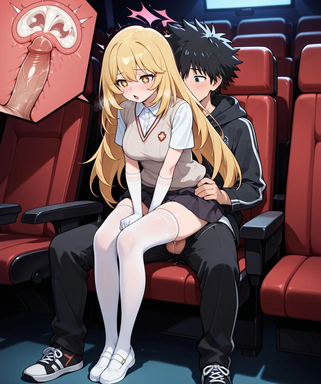 masterpiece,best quality,amazing quality,very aesthetic,absurdres,newest, huge filesize,
<lora:spo_sdxl_10ep_4k-data_lora_webui:0.5>,
<lora:add-detail-xl:1> flat color, anime coloring, uncensored,
<lora:Stealthy_Sex:0.9>Stealthy_SexV1,
1girl,
penis,
internal cumshot,
hetero,
cross-section,sex,
sitting, watching movie,
stealthy sex,
movie theater, dark, dark theme,
skirt, (sitting on lap), sitting on male,
reverse cowgirl position,
legs together,
black skirt, full body,
BREAK
shokuhou Misaki ,
school uniform,
(kamijou touma),