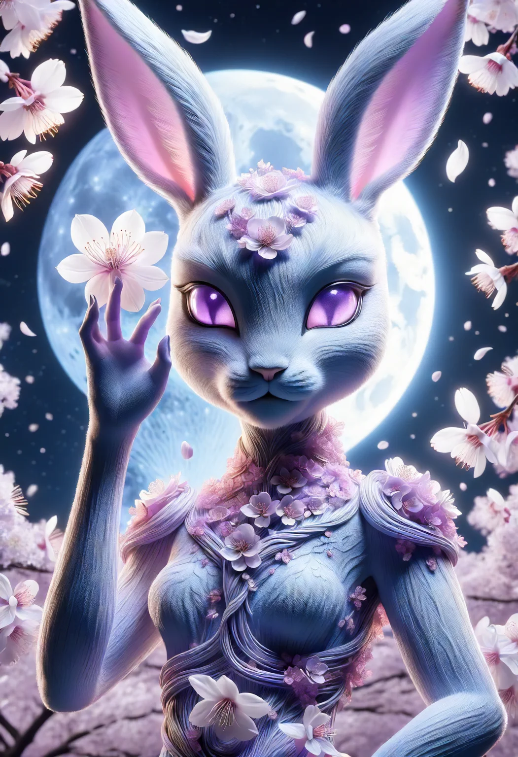 DonMS4kur4XL,sakura blossoms, female moon rabbit, Mythical lunar creature, pounding an elixir of life, immortality and longevity, gentle and serene, connection to lunar deities, symbol of selflessness and sacrifice, eighteen, chiseled, east asian, black eyes, protruding ears, unusual chin, round cheeks, low forehead, symmetrical eyes, , lilac box braids hair, disappointment, magical nexus, hands touching, forming a magical connection, alchemist, substance transformation , standing tall, one hand pointed forward, channeling energy, radiant aura <lora:released\DonM3t3rn1tyXL-v1.1-000008:0.8><lora:myLora\DonMS4kur4XL-000006:0.8><lora:released\DonM3t3rn1tyXL-v1.1-000008:.7>